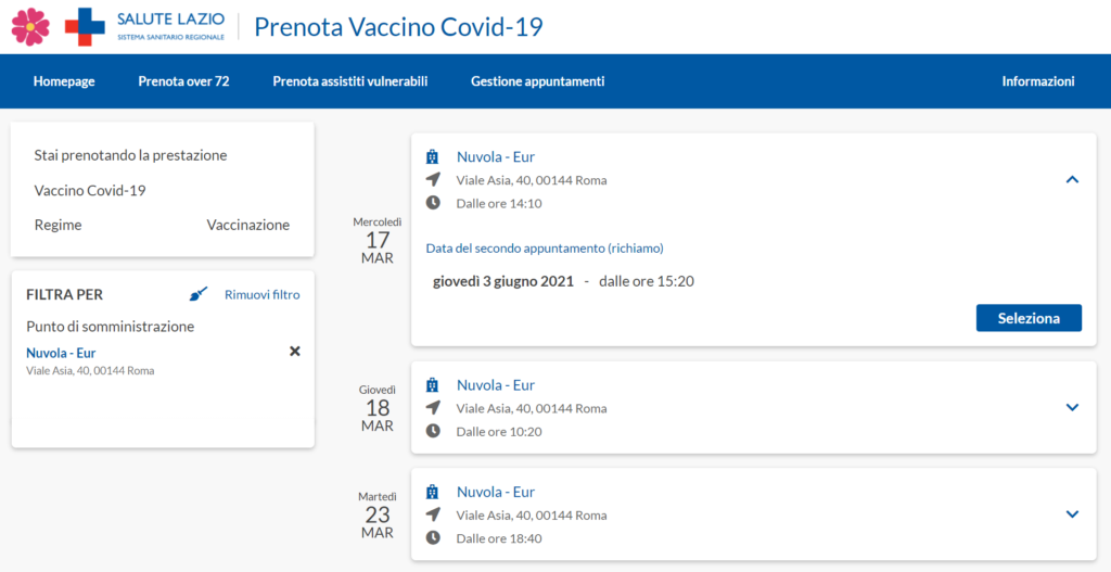 Pagina di selezione dell'appuntamento presso la struttura selezionata per vaccino covid 19 regione lazio
