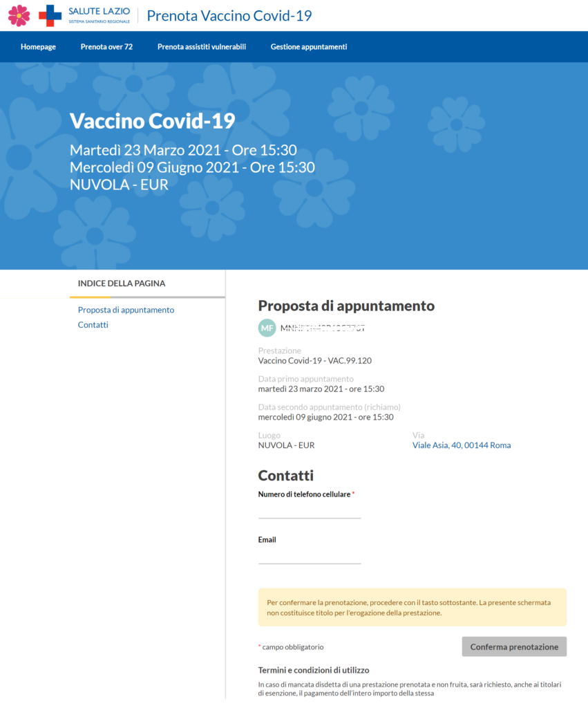 pagina conferma prenotazione vaccino covid regione lazio
